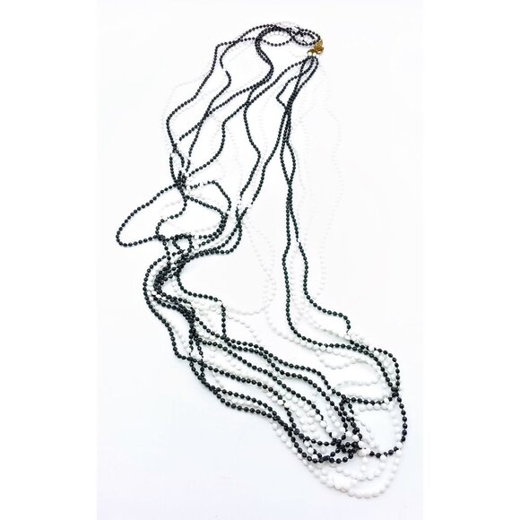Vintage Plastic Eight Strand Necklace, Hong Kong Black and White Lightweight - Picture 3 of 4